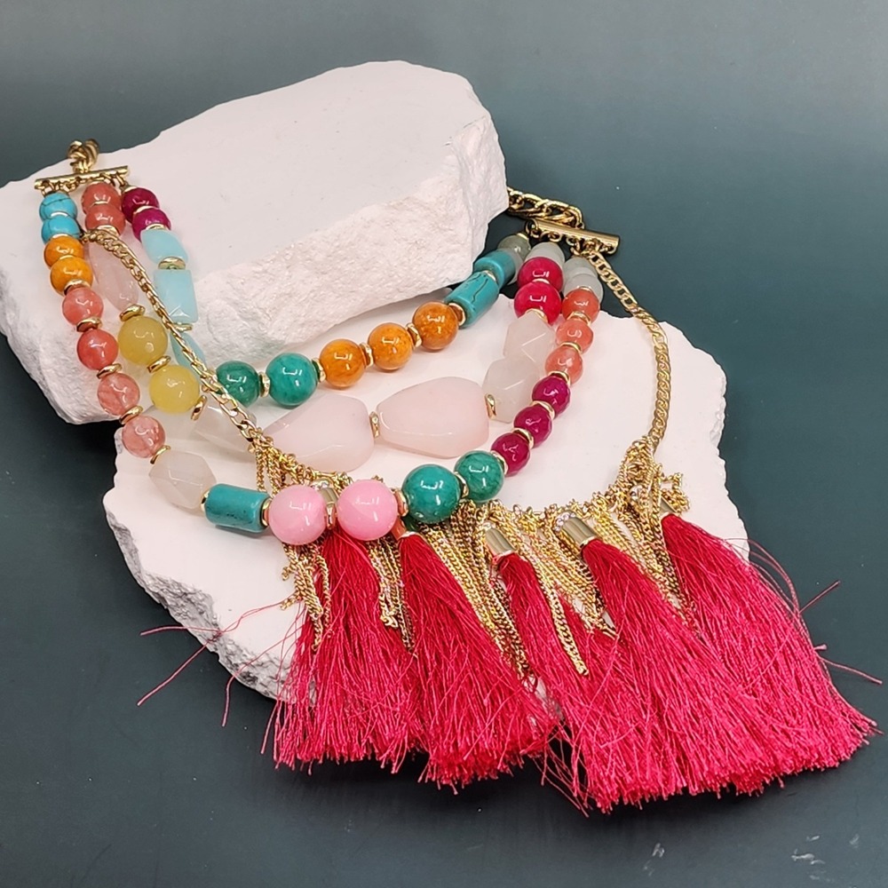 RB Multicolor Beaded Tassel Statement Necklace Gold Tone Quartz Layered Gemstone